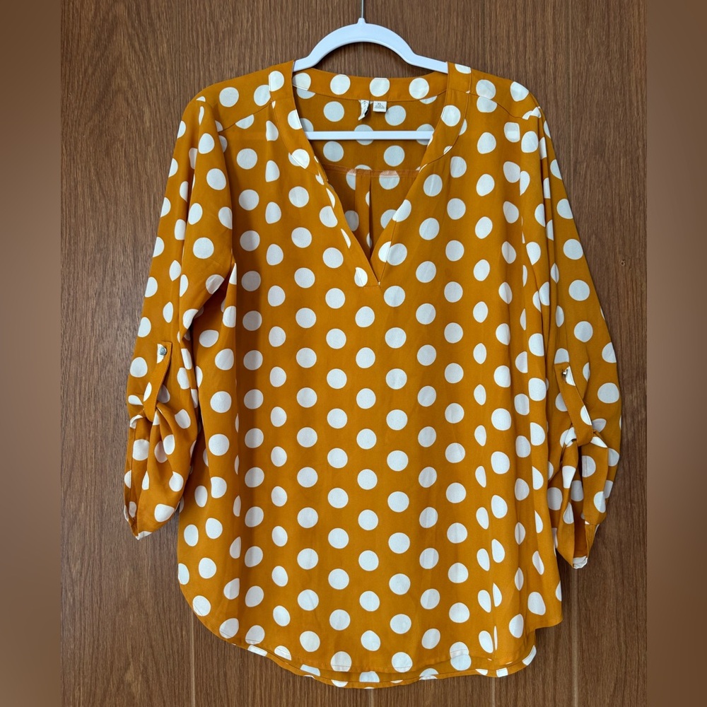 Chic V-Neck Polka Dot Blouse - Mustard and White